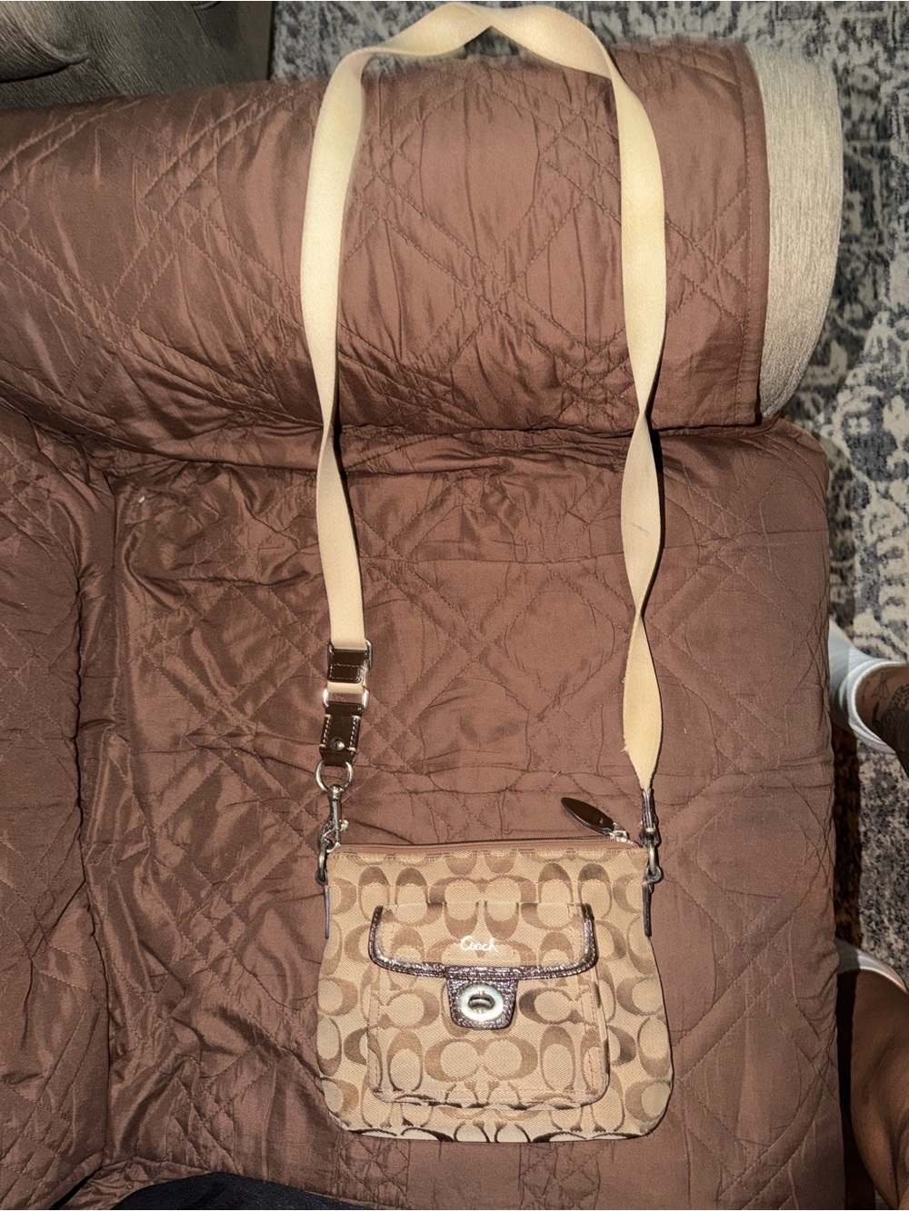 Coach Khaki Signature Canvas Crossbody with Cream Strap